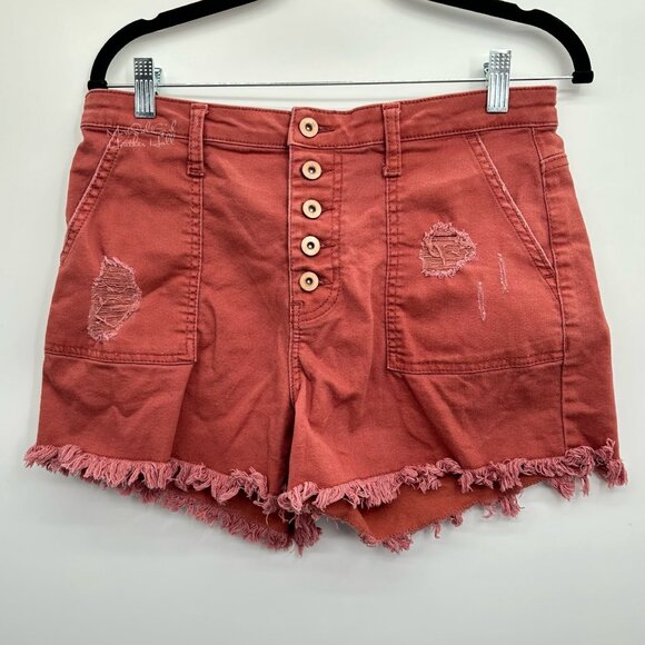 No Boundaries High Rise Terracotta Distressed Button Fly Fringe Hem Shorts - Picture 1 of 3